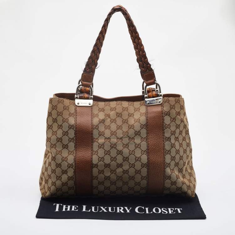 مملوكة مسبقًا Gucci Beige/Brown GG Canvas and Leather Medium Bamboo Bar Tote