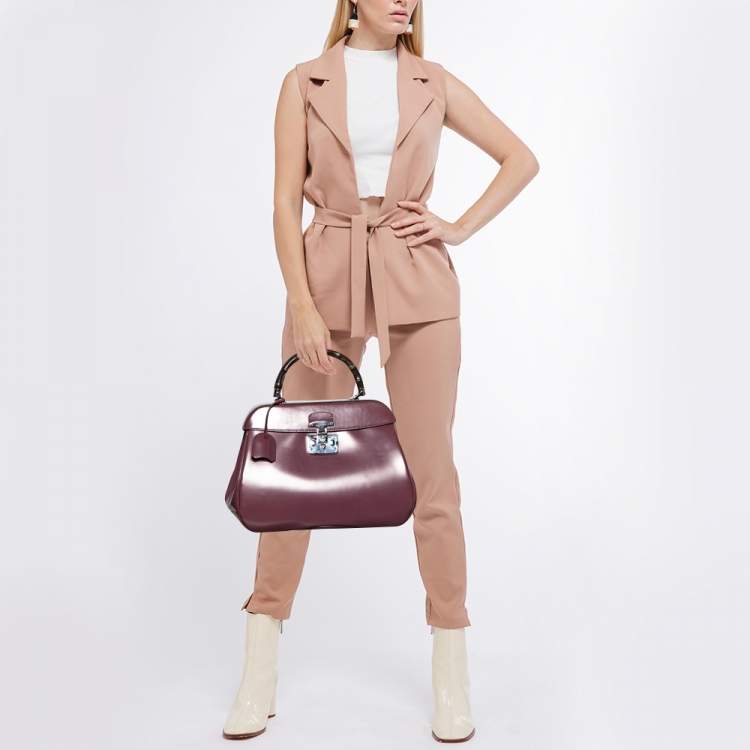 Pre Owned Gucci Old Rose Patent Leather Lady Lock Bamboo Large Top Handle Bag
