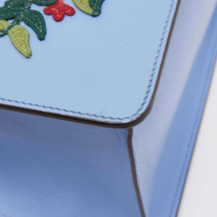 Pre Owned Gucci Light Blue Floral Embroidered Leather Medium Sylvie Top Handle Bag