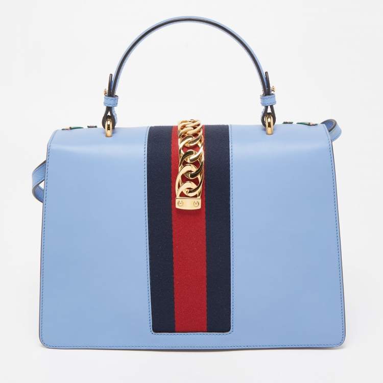 Pre Owned Gucci Light Blue Floral Embroidered Leather Medium Sylvie Top Handle Bag