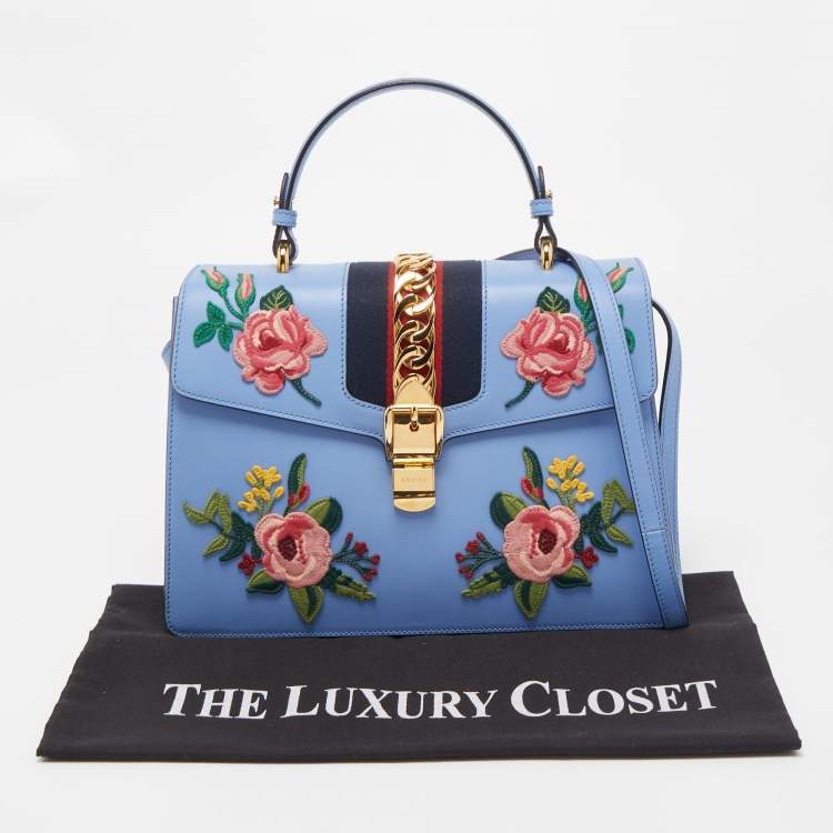 Pre Owned Gucci Light Blue Floral Embroidered Leather Medium Sylvie Top Handle Bag