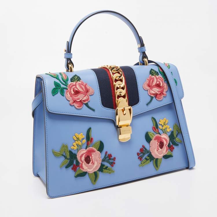 Pre Owned Gucci Light Blue Floral Embroidered Leather Medium Sylvie Top Handle Bag