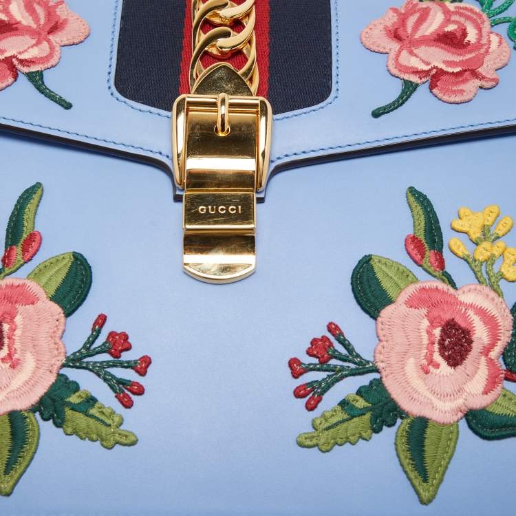 Pre Owned Gucci Light Blue Floral Embroidered Leather Medium Sylvie Top Handle Bag