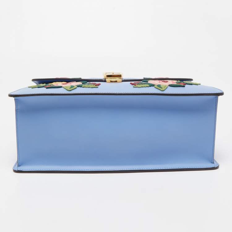 Pre Owned Gucci Light Blue Floral Embroidered Leather Medium Sylvie Top Handle Bag