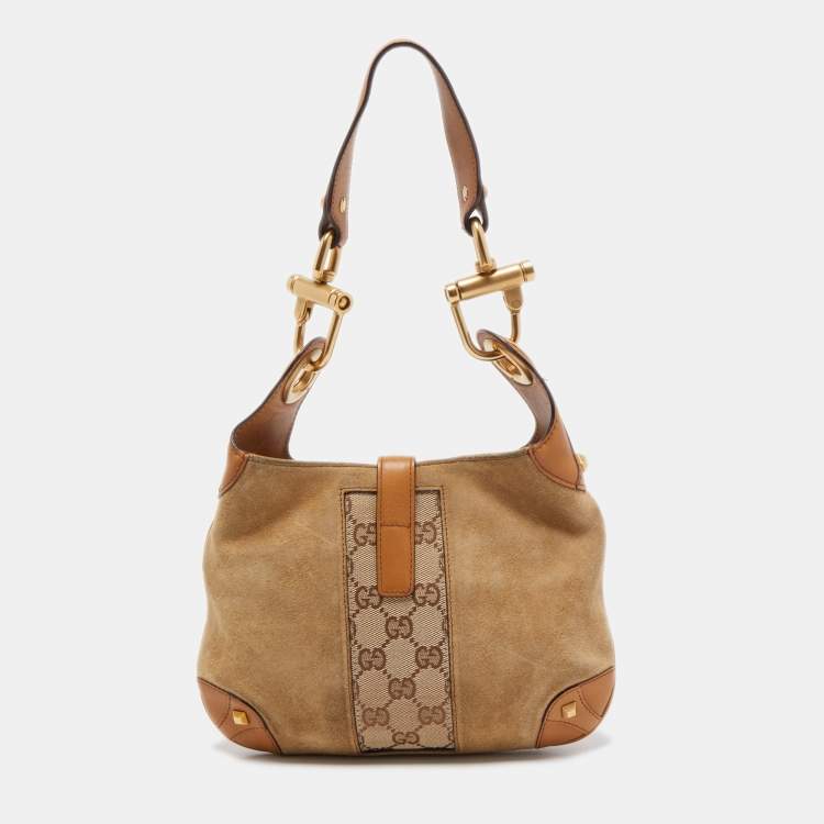 مملوكة مسبقًا Gucci Beige/Brown Suede, Leather and GG Canvas Jackie O Hobo