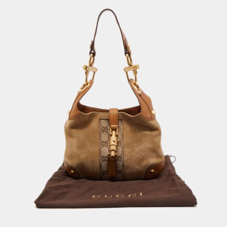 مملوكة مسبقًا Gucci Beige/Brown Suede, Leather and GG Canvas Jackie O Hobo