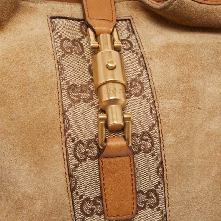 مملوكة مسبقًا Gucci Beige/Brown Suede, Leather and GG Canvas Jackie O Hobo
