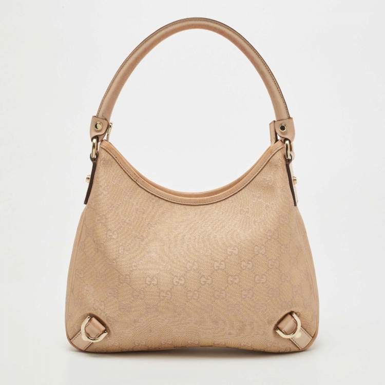 Pre Owned Gucci Rose Gold/Beige GG Canvas and Leather Medium Abbey D-Ring Hobo