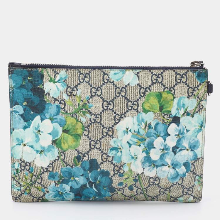 مملوكة مسبقًا Gucci Blue/Beige GG Supreme Canvas Blooms Zip Pouch
