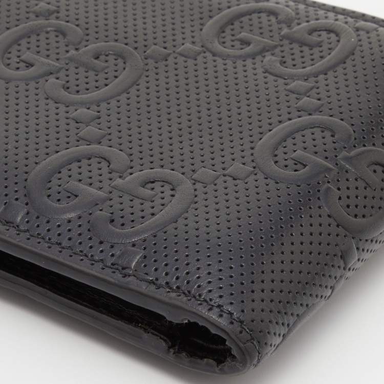 Pre Owned Gucci Black Perforated GG  Embossed Leather Bifold Wallet