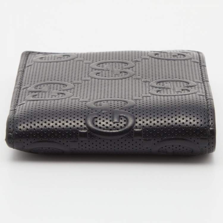 Pre Owned Gucci Black Perforated GG  Embossed Leather Bifold Wallet