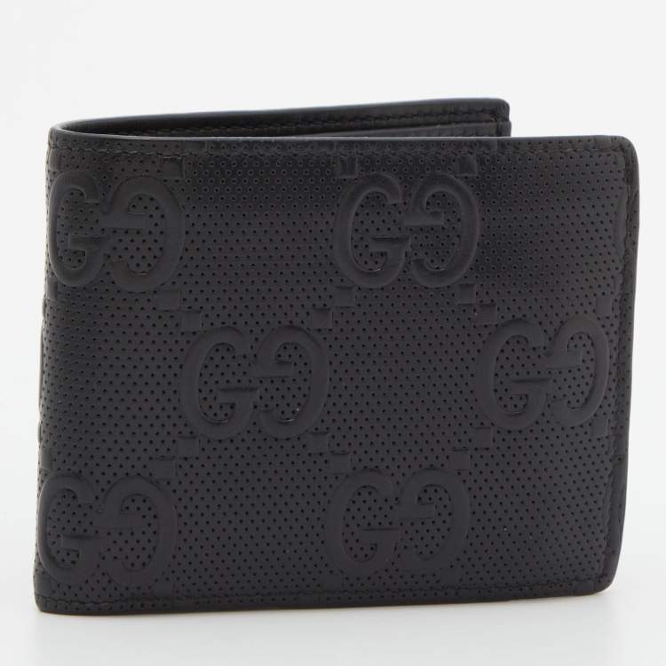 Pre Owned Gucci Black Perforated GG  Embossed Leather Bifold Wallet