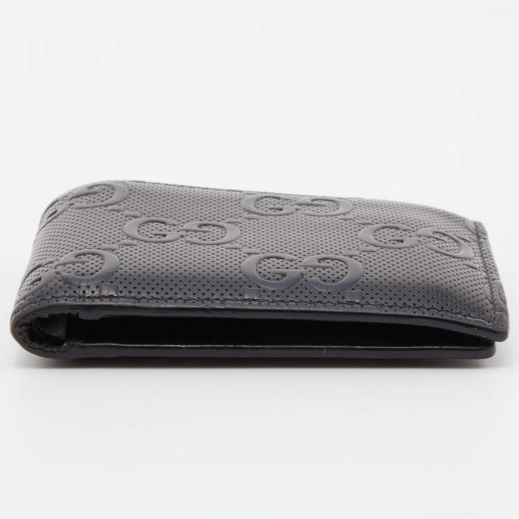 Pre Owned Gucci Black Perforated GG  Embossed Leather Bifold Wallet
