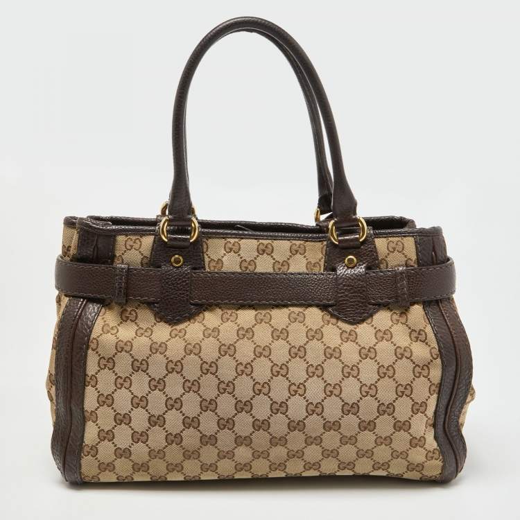Pre Owned Gucci Beige/Ebony GG Canvas and Leather Medium Running Tote