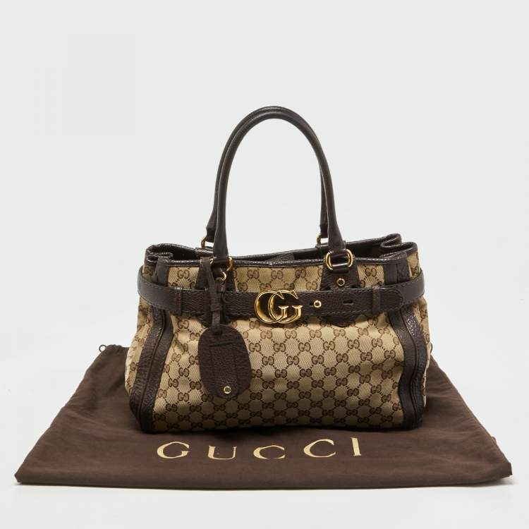 Pre Owned Gucci Beige/Ebony GG Canvas and Leather Medium Running Tote