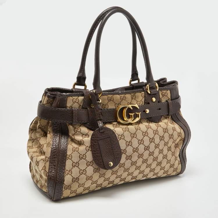Pre Owned Gucci Beige/Ebony GG Canvas and Leather Medium Running Tote