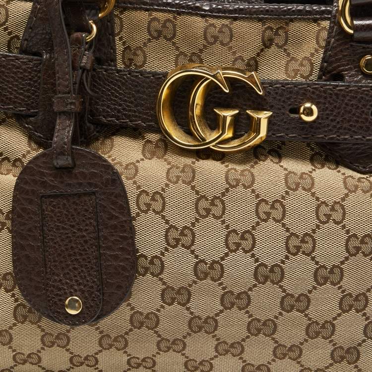 Pre Owned Gucci Beige/Ebony GG Canvas and Leather Medium Running Tote