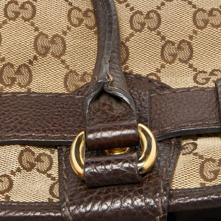 Pre Owned Gucci Beige/Ebony GG Canvas and Leather Medium Running Tote