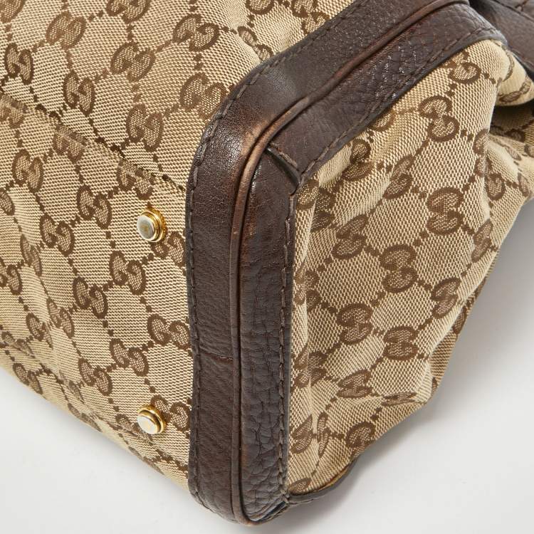 Pre Owned Gucci Beige/Ebony GG Canvas and Leather Medium Running Tote