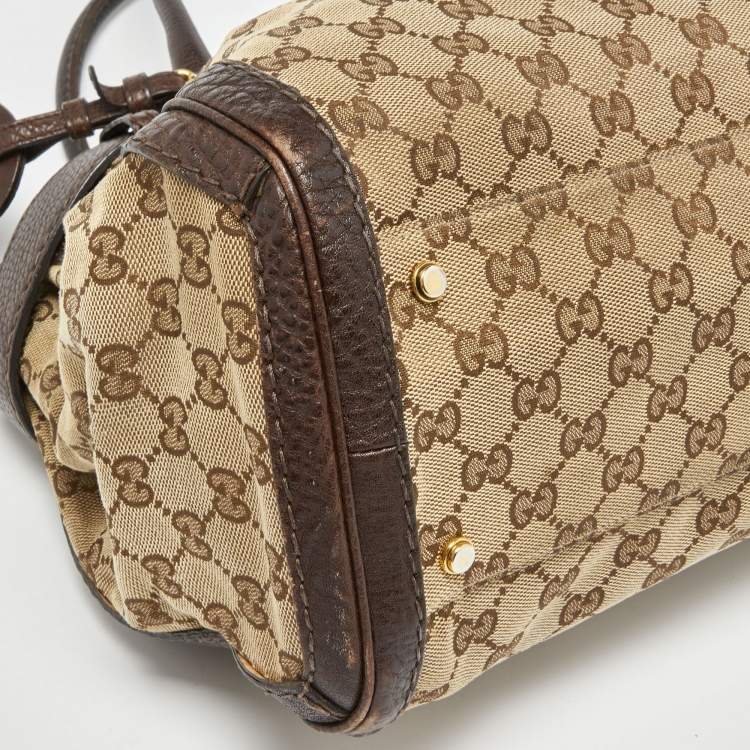 Pre Owned Gucci Beige/Ebony GG Canvas and Leather Medium Running Tote