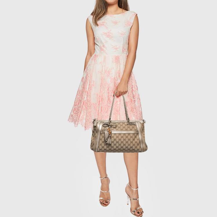 مملوكة مسبقًا Gucci Beige/Metallic Beige GG Canvas and Leather Small Bella Tote