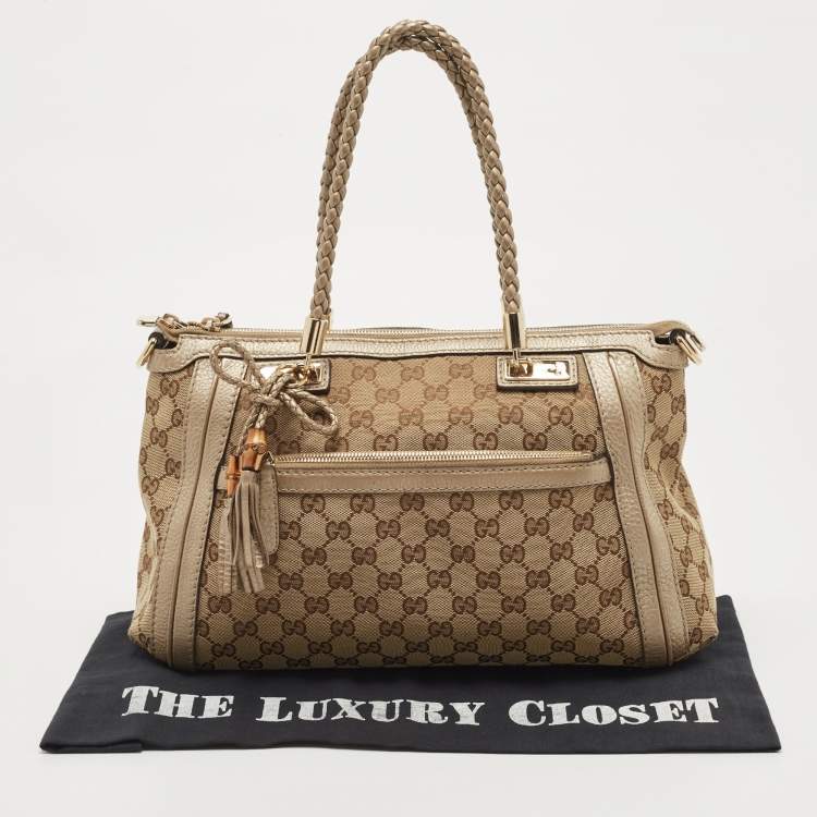 مملوكة مسبقًا Gucci Beige/Metallic Beige GG Canvas and Leather Small Bella Tote