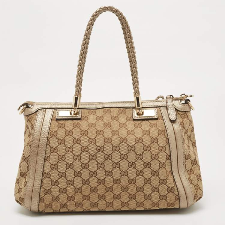 مملوكة مسبقًا Gucci Beige/Metallic Beige GG Canvas and Leather Small Bella Tote