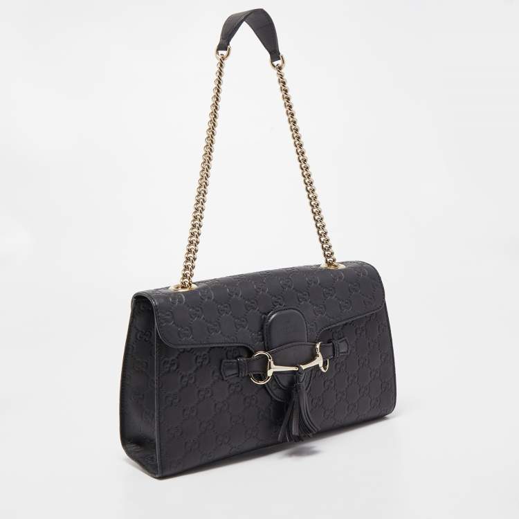 Pre Owned Gucci Navy Blue Guccissima Leather Medium Emily Chain Shoulder Bag