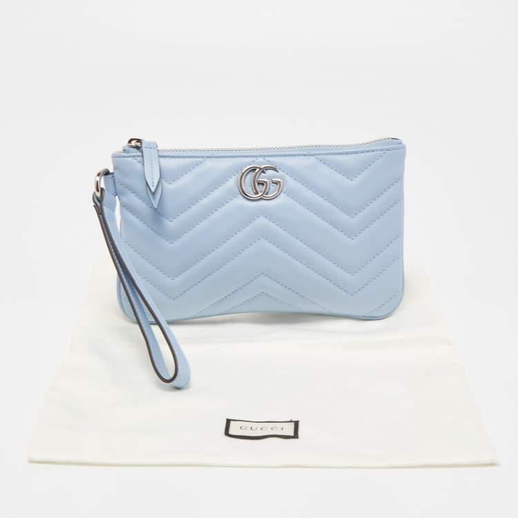 Pre Owned Gucci Light Blue Matelassé Leather GG Marmont Wristlet Pouch