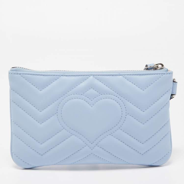 Pre Owned Gucci Light Blue Matelassé Leather GG Marmont Wristlet Pouch