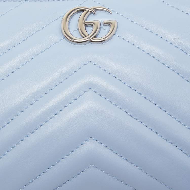 Pre Owned Gucci Light Blue Matelassé Leather GG Marmont Wristlet Pouch