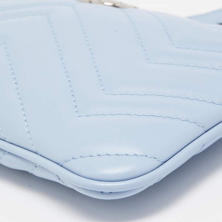 Pre Owned Gucci Light Blue Matelassé Leather GG Marmont Wristlet Pouch