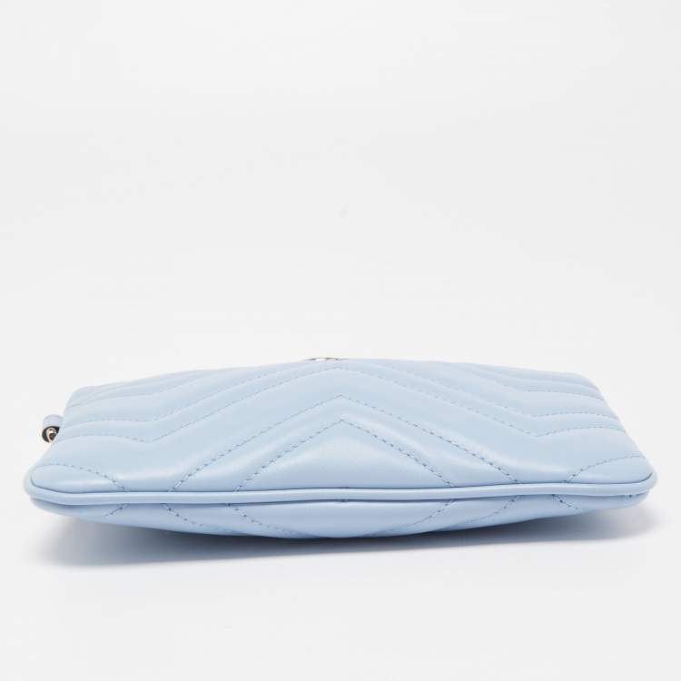 Pre Owned Gucci Light Blue Matelassé Leather GG Marmont Wristlet Pouch