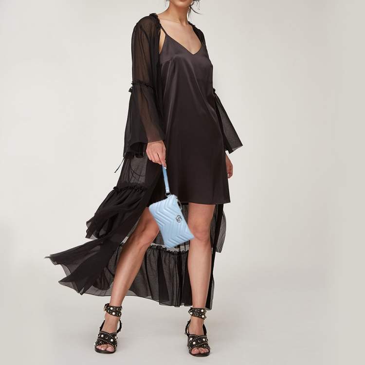 Pre Owned Gucci Light Blue Matelassé Leather GG Marmont Wristlet Pouch