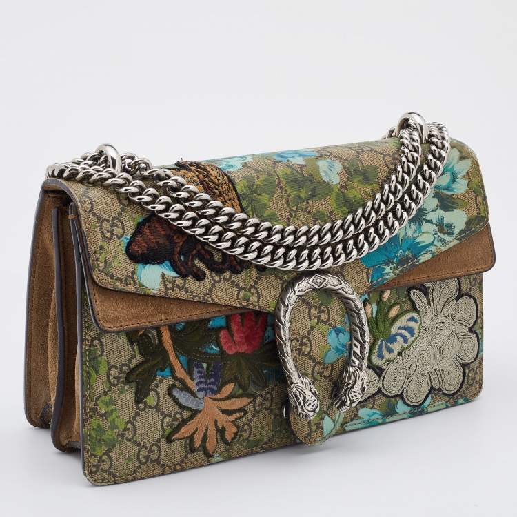 مملوكة مسبقًا Gucci Beige GG Supreme Canvas and Suede Small Dionysus Floral/Bee Applique Shoulder Bag