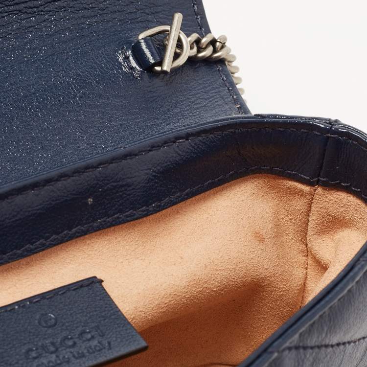 Pre Owned Gucci Dark Blue/White Diagonal Matelassé Leather Torchon Super Mini GG Marmont Bag