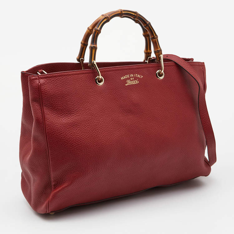 Pre Owned Gucci Red Leather Large Bamboo Shopper Tote