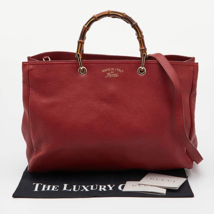 Pre Owned Gucci Red Leather Large Bamboo Shopper Tote