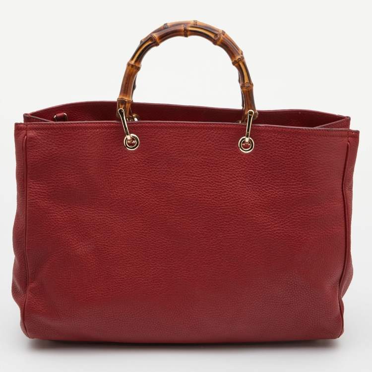 Pre Owned Gucci Red Leather Large Bamboo Shopper Tote