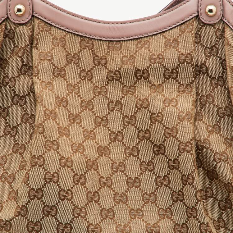 Pre Owned Gucci Beige/Pink GG Canvas and Leather Large Sukey Tote 