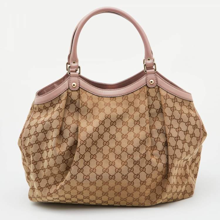 Pre Owned Gucci Beige/Pink GG Canvas and Leather Large Sukey Tote 