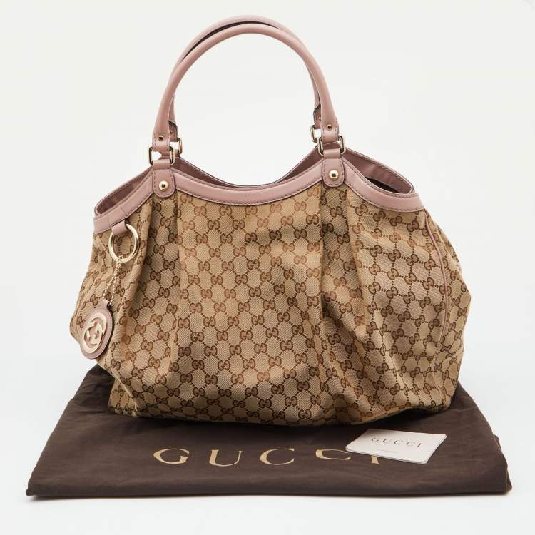 Pre Owned Gucci Beige/Pink GG Canvas and Leather Large Sukey Tote 