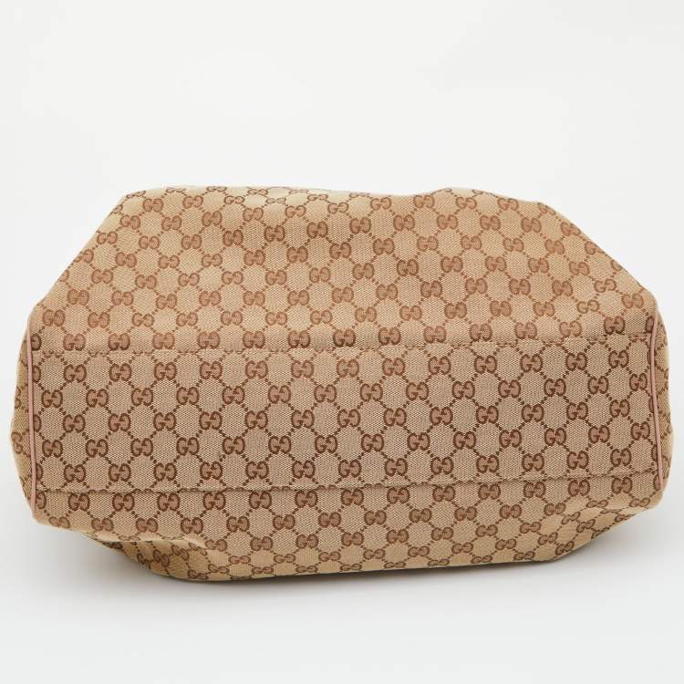 Pre Owned Gucci Beige/Pink GG Canvas and Leather Large Sukey Tote 