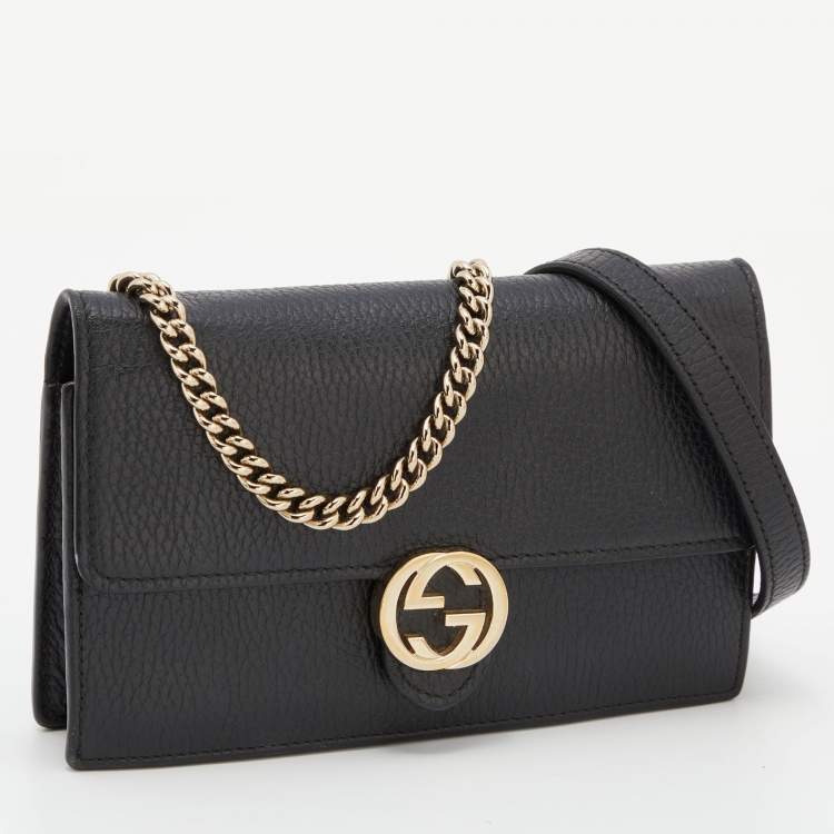 Pre Owned Gucci Black Leather Interlocking G Wallet On Chain