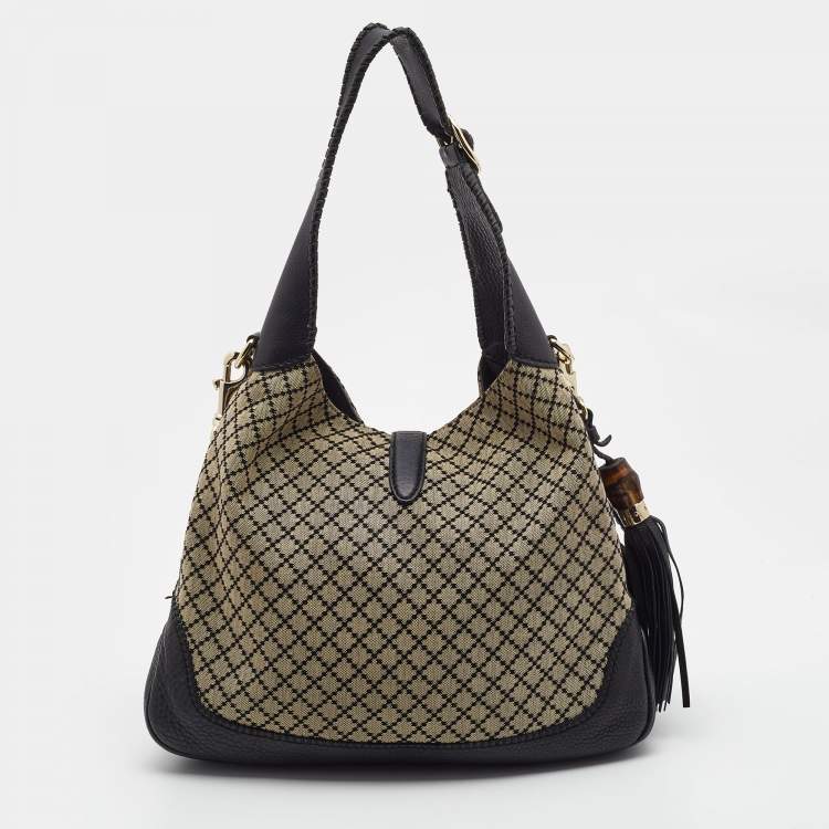 Pre Owned Gucci Black/Beige Diamante Canvas New Jackie Shoulder Bag 