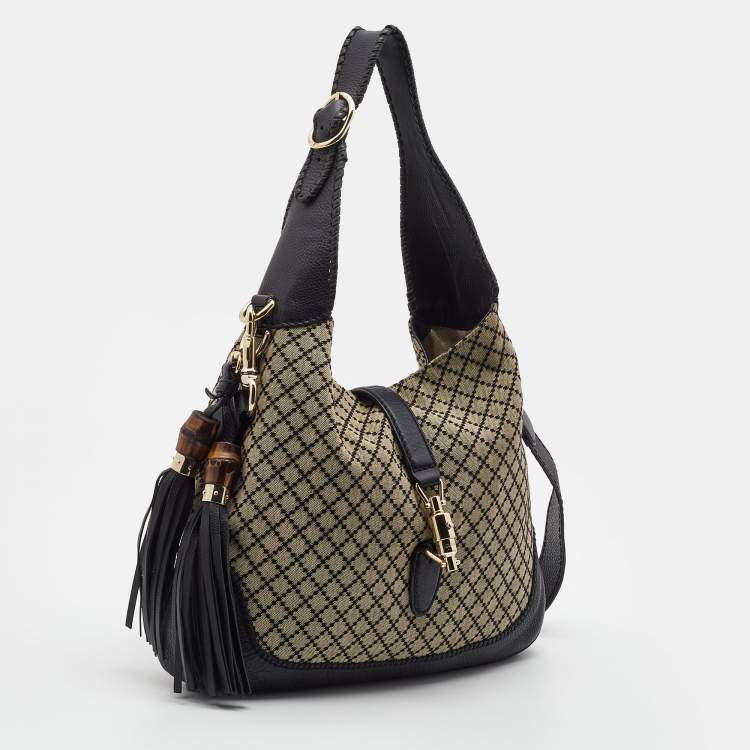 Pre Owned Gucci Black/Beige Diamante Canvas New Jackie Shoulder Bag 