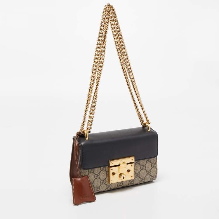 Pre Owned Gucci Black/Beige GG Supreme Canvas and Leather Small Padlock Shoulder Bag