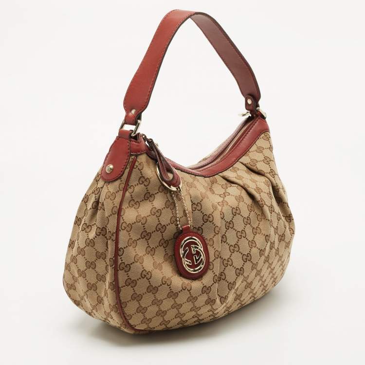 Pre Owned Gucci Red/Beige GG Canvas and Leather Medium Sukey Hobo