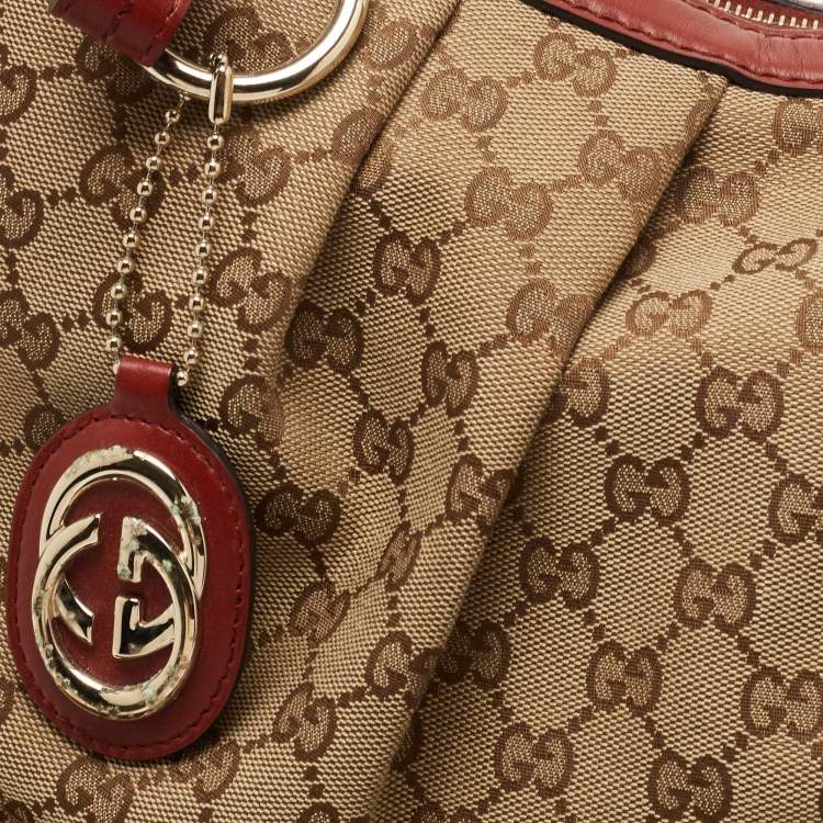 Pre Owned Gucci Red/Beige GG Canvas and Leather Medium Sukey Hobo