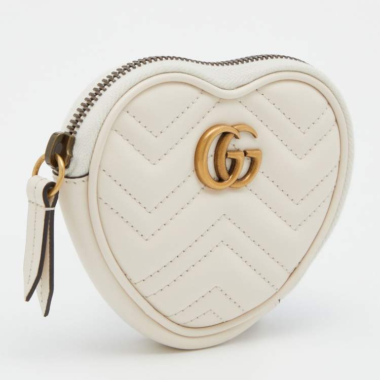 Pre Owned Gucci Cream Leather GG Marmont Heart Coin Purse